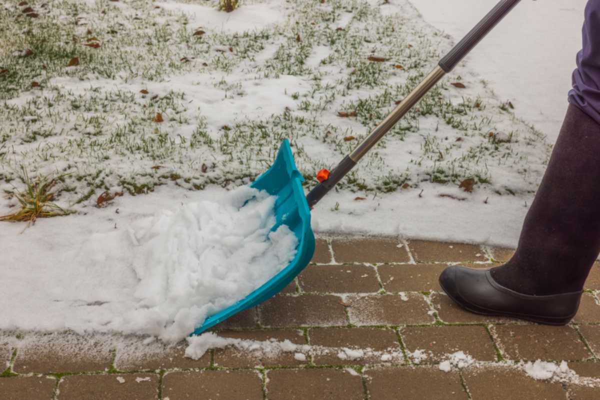 Person shoveling snow from a brick pathway with a blue shovel